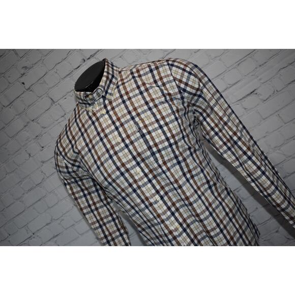 Barbour Performance Dress Shirt Mens Size Medium Stretch Blue Brown Plaid - Picture 3 of 8
